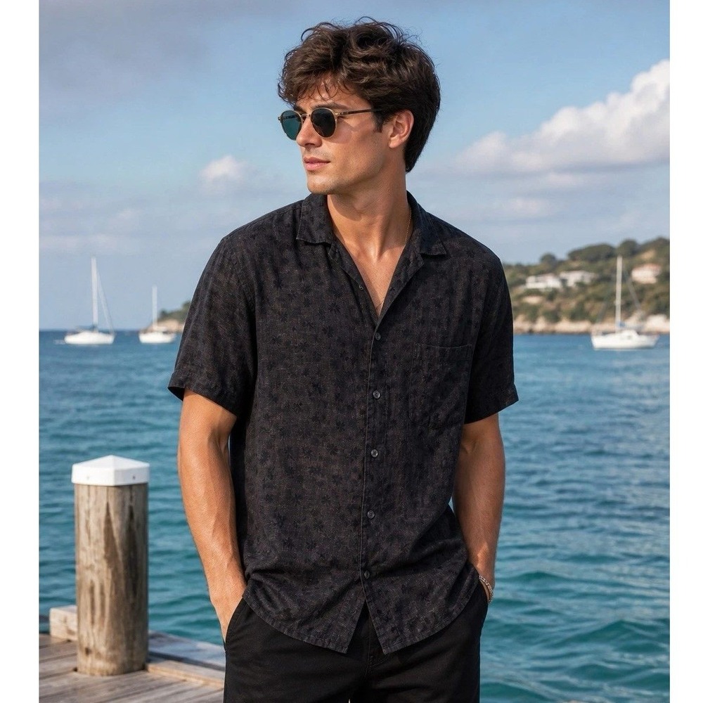 Barneys New York Shirt Mens Large Gray Floral Linen Short Sleeve Button Up Italy